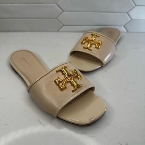 Tory Burch Eleanor Slide Tan/ Gold Patent Leather Size 8 M